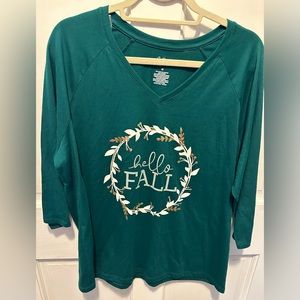 Casual Novelty Print Green Blouse “Hello Fall” Size 0X Cotton/Polyester NWT